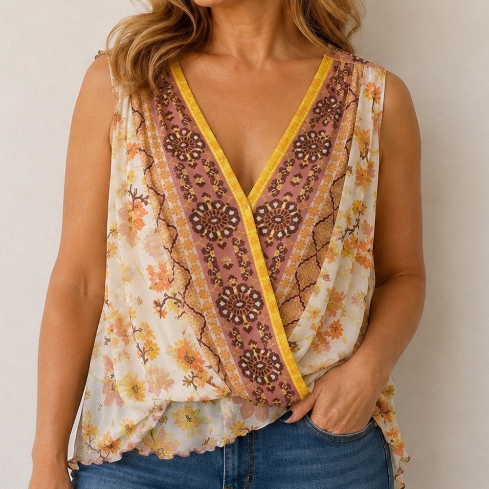 Free People Medium Boho Floral Mesh Top Draped Surplice Fairycore Romantic Y2K
